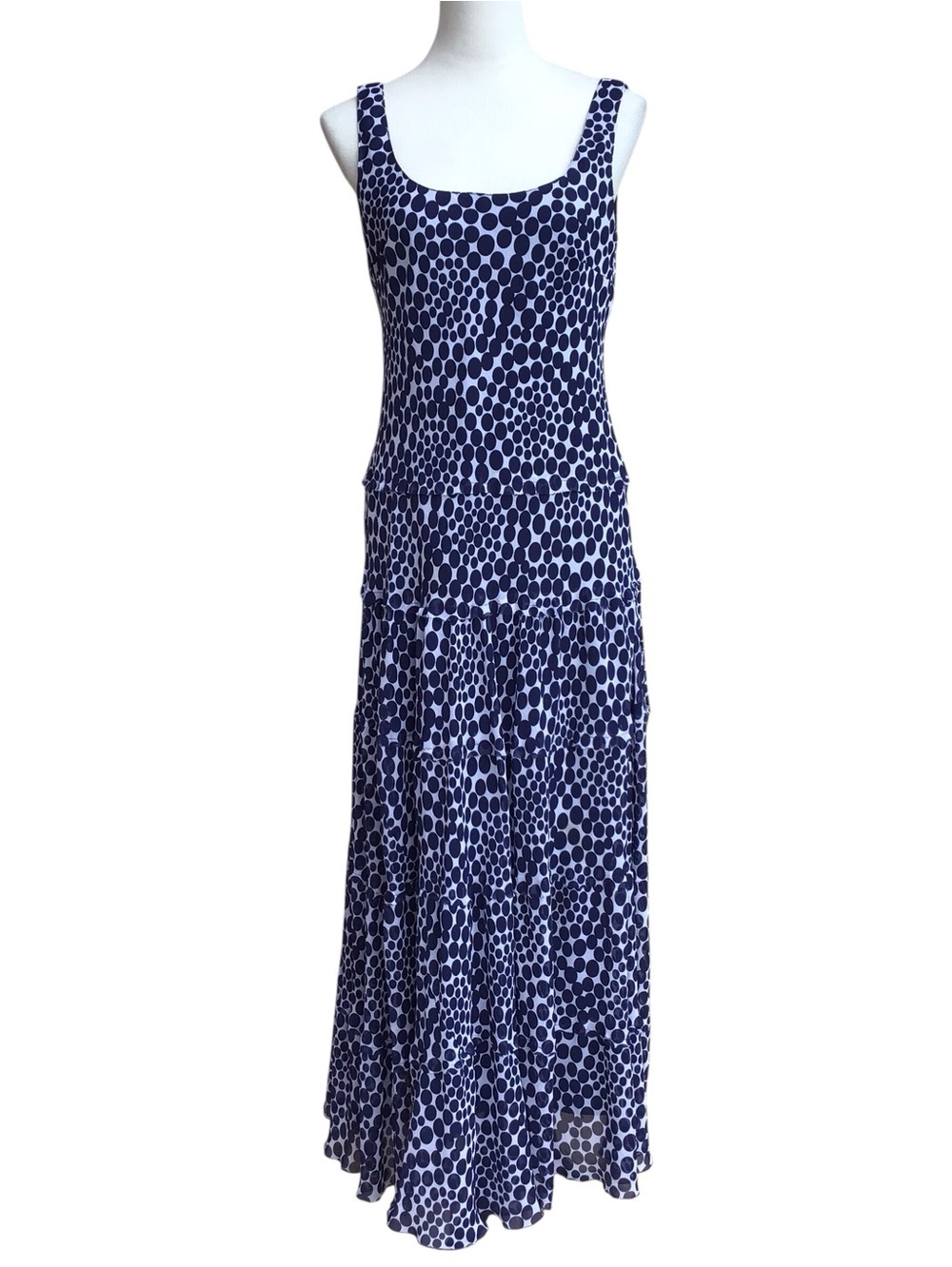 Kasper Blue White Geometric Pattern Tiered Sleeveless Maxi Dress Size 10 - Picture 1 of 8